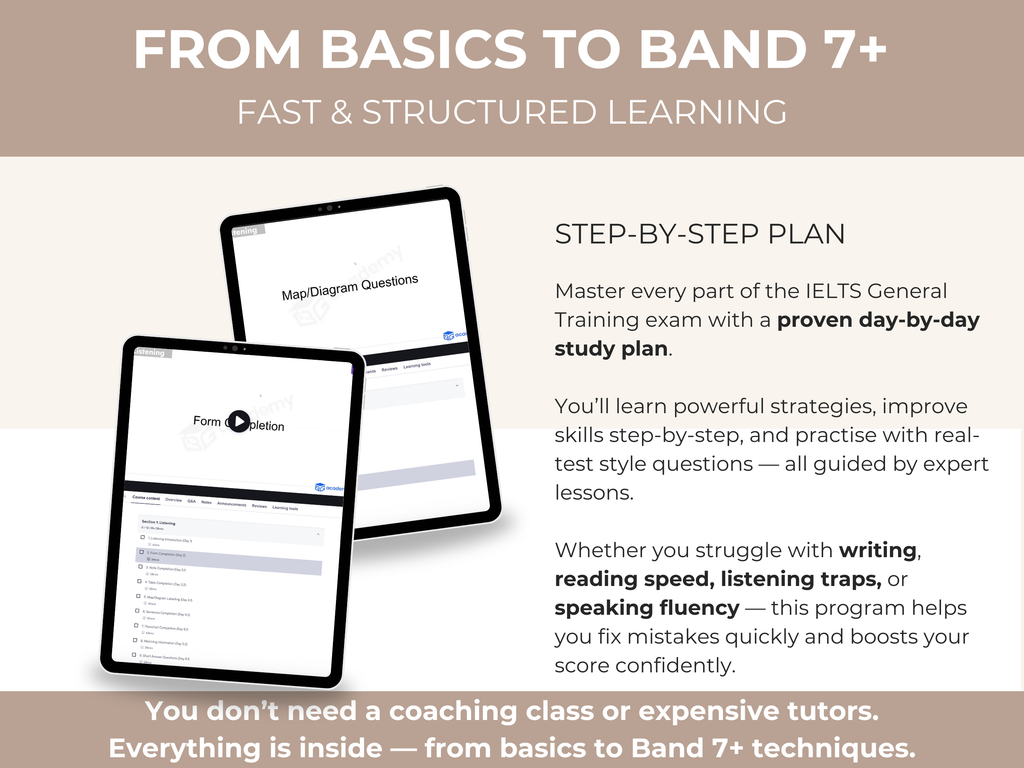 Advertisement for IELTS exam preparation program with tablets displaying exam questions.
