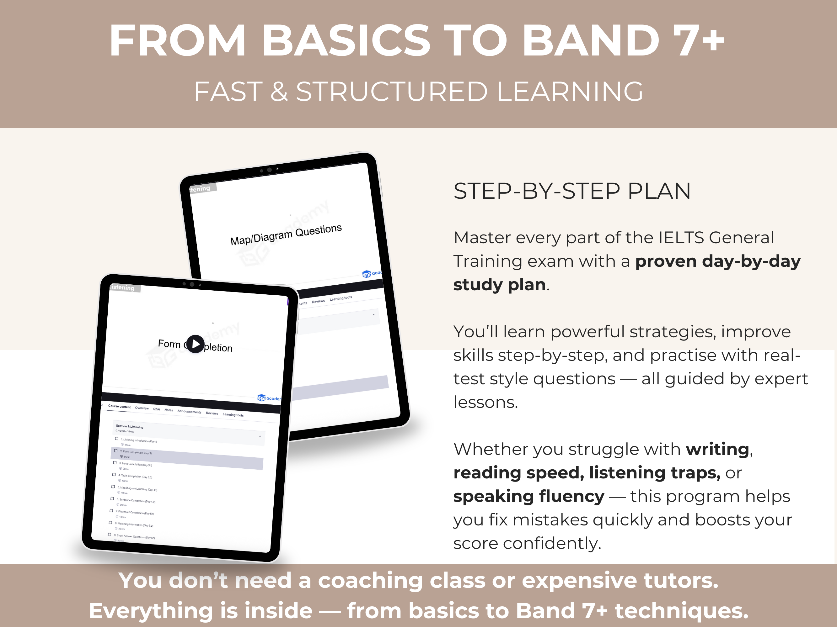 Advertisement for IELTS exam preparation program with tablets displaying exam questions.