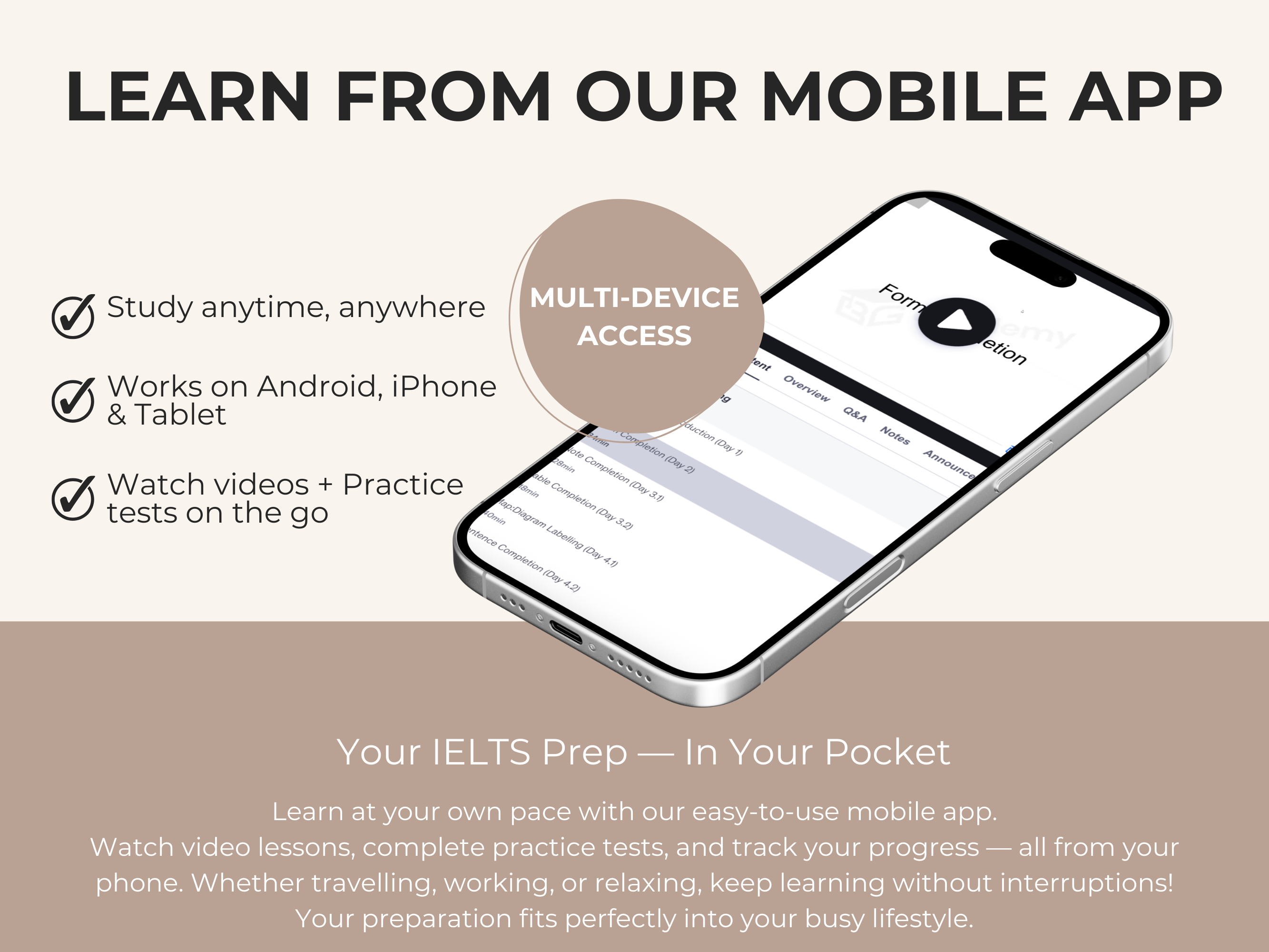 Advertisement for a mobile app with smartphone displaying app interface, text about multi-device access and features.