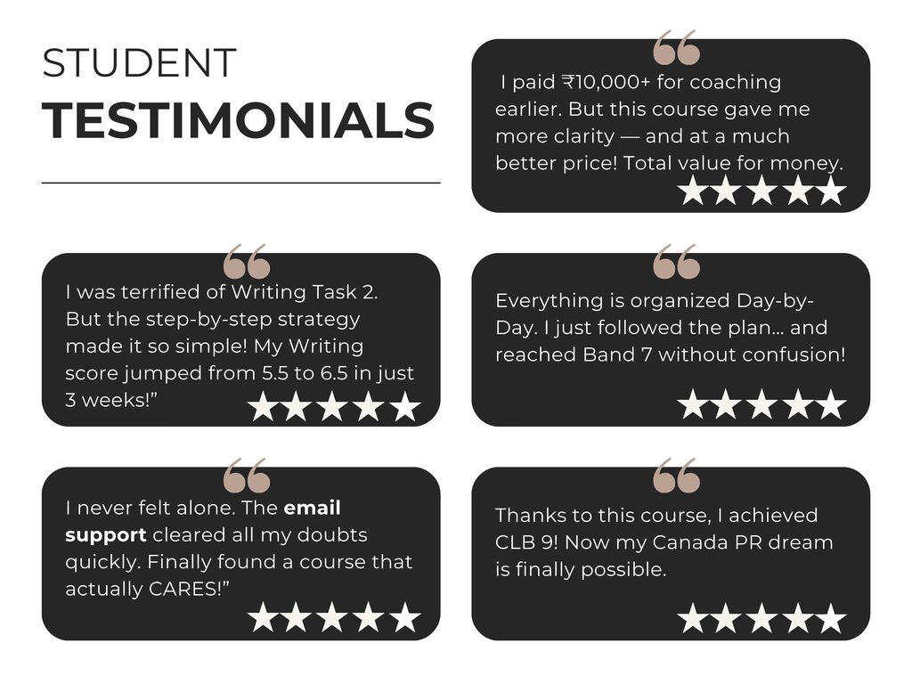 Student testimonials with five-star ratings on a black background